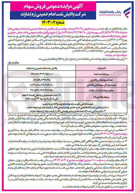 تصویر کوچک آگهی فروش 49،35 درصد از سهام شرکت پالایش نفت امام خمینی شازند به تعداد 59/959/636/128 سهم 