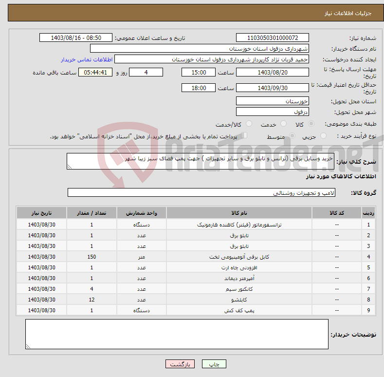 تصویر کوچک آگهی نیاز انتخاب تامین کننده-خرید وسایل برقی (ترانس و تابلو برق و سایر تجهیزات ) جهت پمپ فضای سبز زیبا شهر