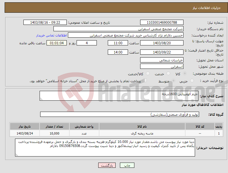 تصویر کوچک آگهی نیاز انتخاب تامین کننده-جرم آلومینایی 1600درجه