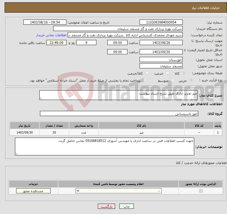 تصویر کوچک آگهی نیاز انتخاب تامین کننده-میز تحریر اداری طبق شرح اسناد پیوست 