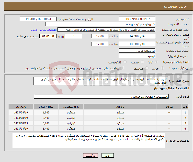 تصویر کوچک آگهی نیاز انتخاب تامین کننده-شهرداری منطقه 3 ارومیه در نظر دارد از طریق سامانه ستاد میلگرد با شماره ها و مشخصات درج در آگهی اقدام نماید