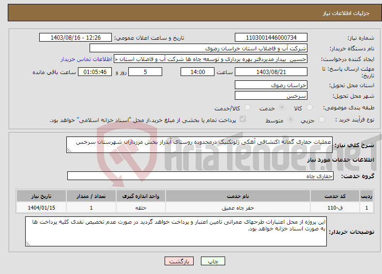 تصویر کوچک آگهی نیاز انتخاب تامین کننده-عملیات حفاری گمانه اکتشافی آهکی ژئوتکنیک درمحدوده روستای آبدراز بخش مرزداران شهرستان سرخس