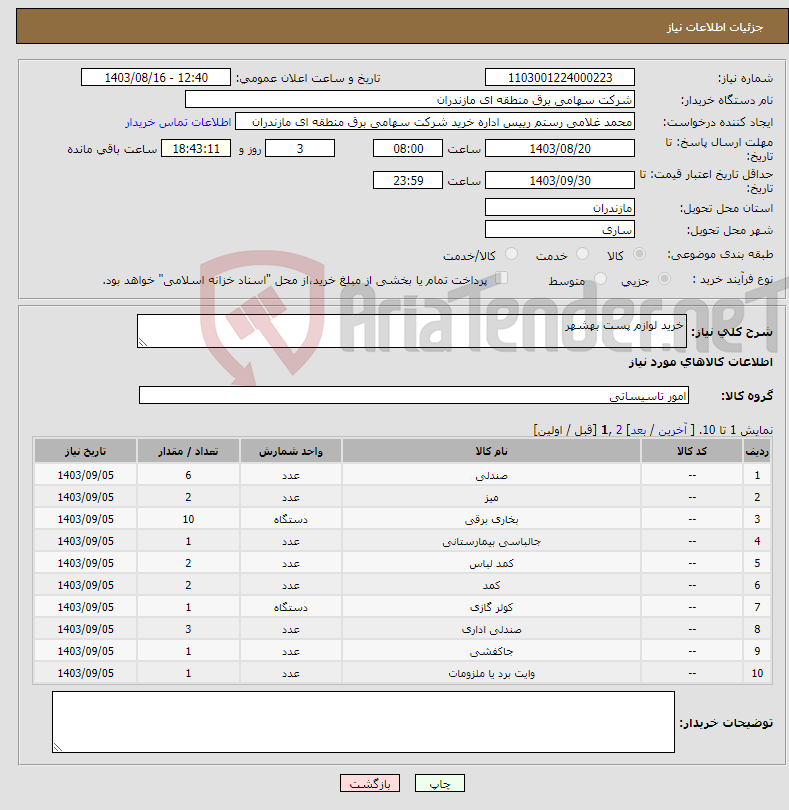 تصویر کوچک آگهی نیاز انتخاب تامین کننده-خرید لوازم پست بهشهر