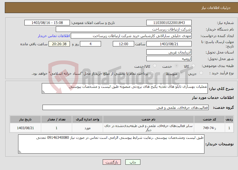 تصویر کوچک آگهی نیاز انتخاب تامین کننده-عملیات بهسازی تابلو های تغذیه پکیج های برودتی منصوبه طبق لیست و مشخصات پیوستی