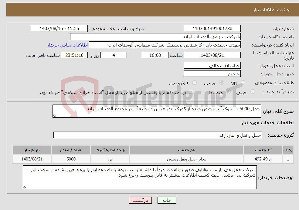 تصویر کوچک آگهی نیاز انتخاب تامین کننده-حمل 5000 تن بلوک آند ترخیص شده از گمرک بندر عباس و تخلیه آن در مجتمع آلومینای ایران