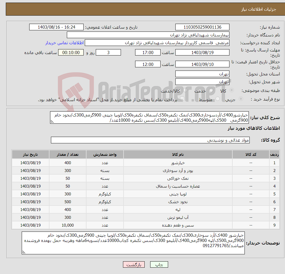 تصویر کوچک آگهی نیاز انتخاب تامین کننده-خیارشور400ک/آردسوخاری300ک/نمک تکنفره50ک/سماق تکنفره50ک/لوبیا چیتی 900گرمی300ک/نخود خام 900گرمی 500ک/لپه900گرمی400ک/آبلیمو 300ک/سس تکنفره 10000عدد/