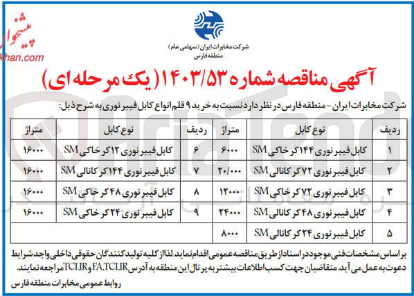 تصویر کوچک آگهی خریداری کابل فیبرنوری 144 کر خاکی sm به متراژ 6000 