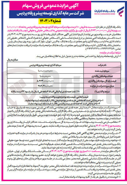 تصویر کوچک آگهی فروش 100 درصد سهام شرکت سرمایه گذاری توسعه پیشرو رفاه پردیس به تعداد 1/000/000/000 سهم 