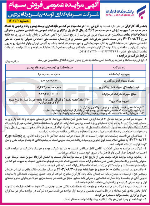 تصویر کوچک آگهی فروش 100 درصد سهام شرکت سرمایه گذاری توسعه پیشرو رفاه پردیس به تعداد 1/000/000/000 سهم 