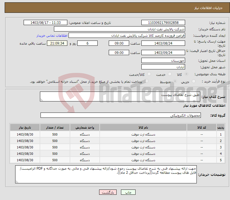 تصویر کوچک آگهی نیاز انتخاب تامین کننده-طبق شرح تقاضای پیوست