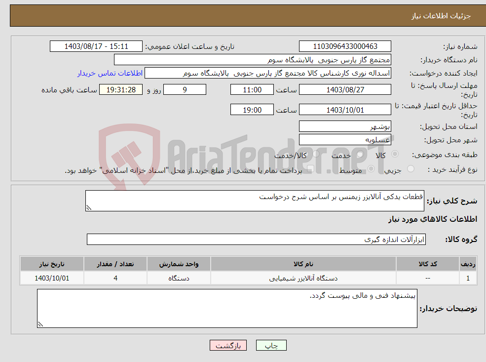 تصویر کوچک آگهی نیاز انتخاب تامین کننده-قطعات یدکی آنالایزر زیمنس بر اساس شرح درخواست 