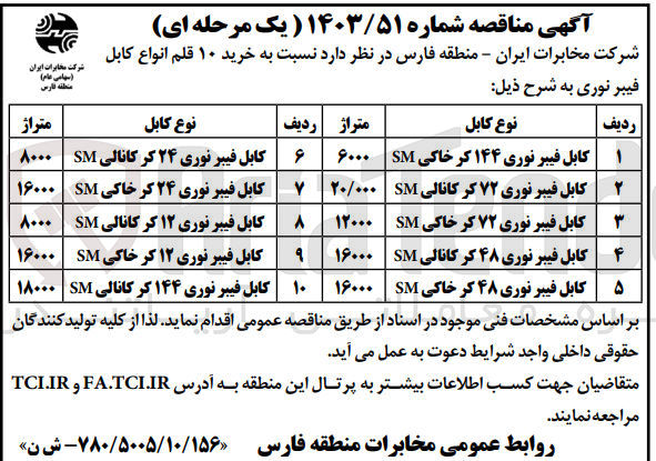 تصویر کوچک آگهی  خرید ۱۰ قلم انواع کابل فیبر نوری :
 کابل فیبر نوری ۱۴۴ کر خاکی SM 
کابل فیبر نوری ۷۲ کر کانالی SM
 کابل فیبر نوری ۷۲ کر خاکی SM
کابل فیبر نوری ۴۸ کر کانالی SM 
کابل فیبر نوری ۴۸ کر خاکی SM 
کابل فیبر نوری ۲۴ کر کانالی SM 
کابل فیبر نوری ۲۴ کر خاکی SM 
کابل فیبر نوری ۱۲ کر کانالی SM
کابل فیبر نوری ۱۲ کر خاکی SM 
کابل فیبر نوری ۱۴۴ کر کانالی SM 