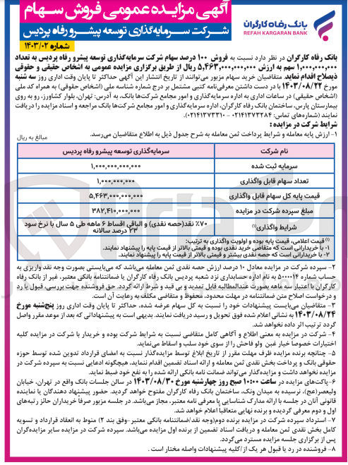 تصویر کوچک آگهی فروش 100 درصد سهام شرکت سرمایه گذاری توسعه پیشرو رفاه پردیس به تعداد 1/000/000/000 سهم 