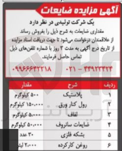 تصویر کوچک آگهی فروش مقداری ضایعات :
پلاستیک
رول کنار ورق 
لفاف
ضایعات سانروف
بشکه فلزی
روغن کارکرده