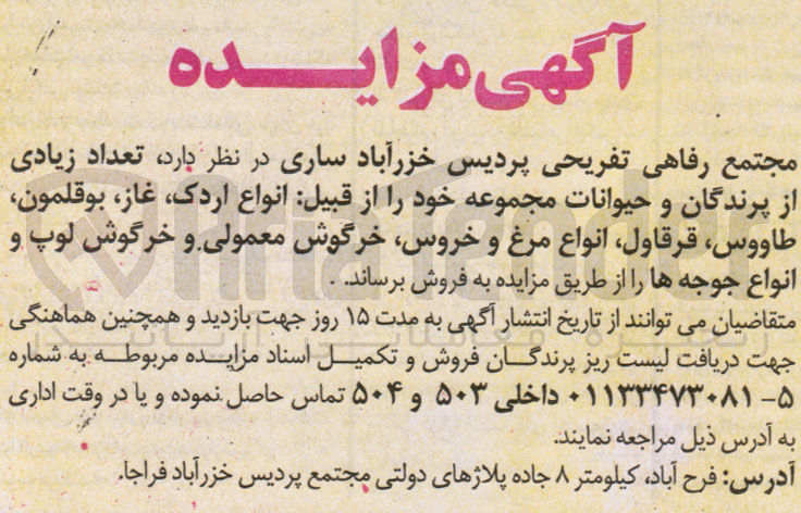 تصویر کوچک آگهی فروش تعدادی زیادی از پرندگان و حیوانات مجموعه خود از قبیل انواع اردک ،غاز ،بوقلمون ،طاووس ،قرقاول ،انواع مرغ وخروس و...