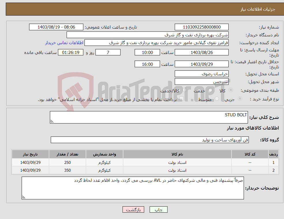 تصویر کوچک آگهی نیاز انتخاب تامین کننده-STUD BOLT