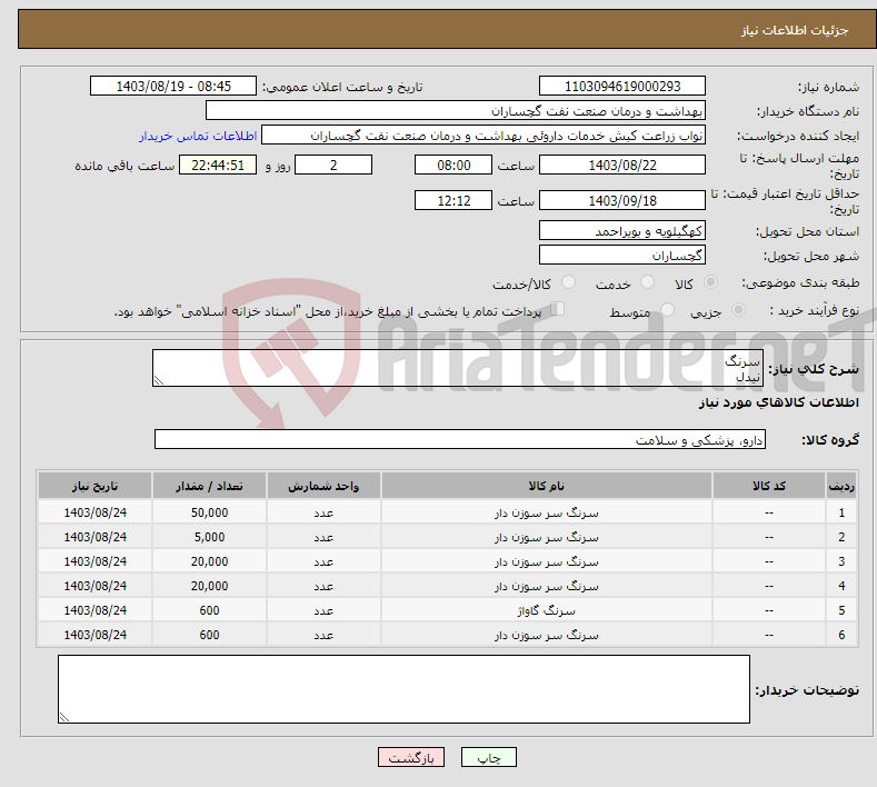 تصویر کوچک آگهی نیاز انتخاب تامین کننده-سرنگ نیدل 