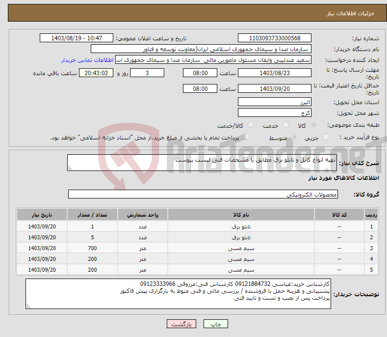 تصویر کوچک آگهی نیاز انتخاب تامین کننده-تهیه انواع کابل و تابلو برق مطابق با مشخصات فنی لیست پیوست