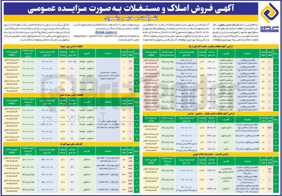 تصویر کوچک آگهی فروش تعدادی از قطعات و آپارتمان در 30 ردیف با کاربری های مسکونی، تجاری، مختلط تجاری خدماتی