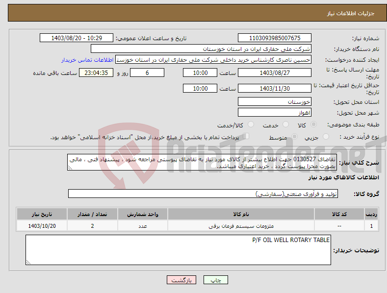 تصویر کوچک آگهی نیاز انتخاب تامین کننده-تقاضای 0130527 جهت اطلاع بیشتر از کالای مورد نیاز به تقاضای پیوستی مراجعه شود ، پیشنهاد فنی ، مالی بصورت مجزا پیوست گردد ، خرید اعتباری میباشد.