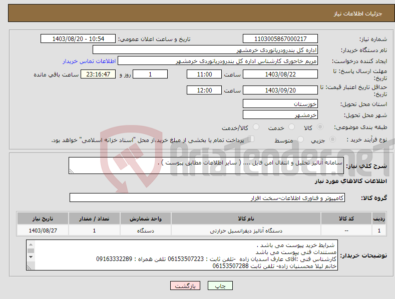 تصویر کوچک آگهی نیاز انتخاب تامین کننده-سامانه آنالیز تحلیل و انتقال امن فایل .... ( سایر اطلاعات مطابق پیوست ) . 