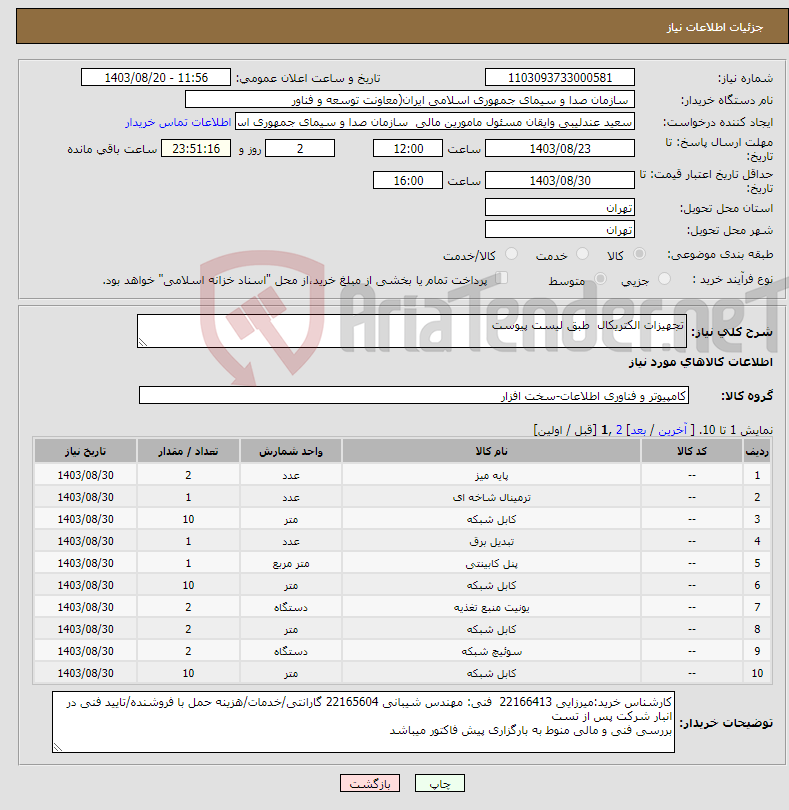 تصویر کوچک آگهی نیاز انتخاب تامین کننده-تجهیزات الکتریکال طبق لیست پیوست 