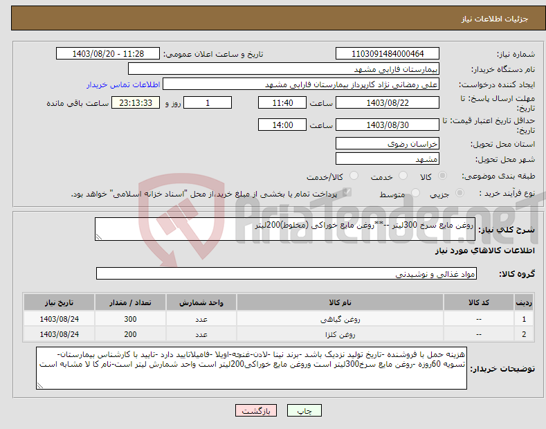 تصویر کوچک آگهی نیاز انتخاب تامین کننده-روغن مایع سرخ 300لیتر --**روغن مایع خوراکی (مخلوط)200لیتر