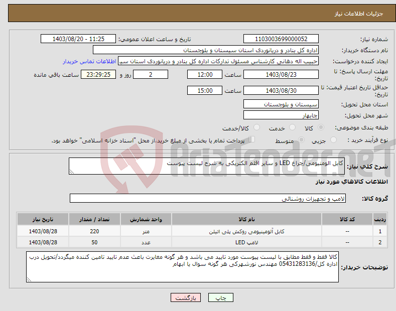 تصویر کوچک آگهی نیاز انتخاب تامین کننده-کابل الومنیومی/چراغ LED و سایر اقلم الکتریکی به شرح لیست پیوست 