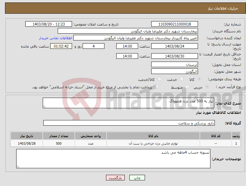 تصویر کوچک آگهی نیاز انتخاب تامین کننده-نیاز به 500 عدد درن هموواگ