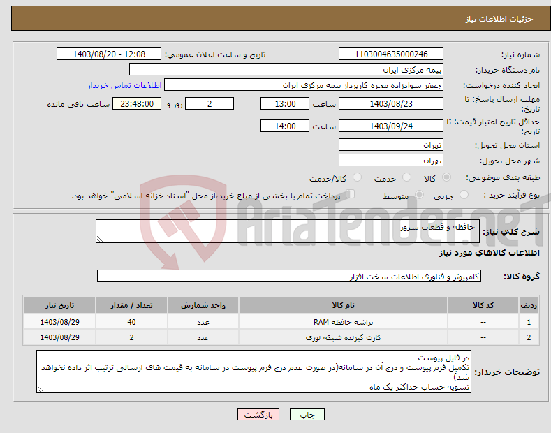 تصویر کوچک آگهی نیاز انتخاب تامین کننده- حافظه و قطعات سرور 