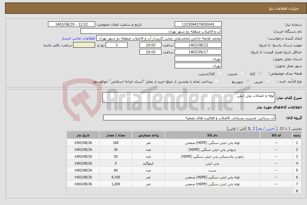 تصویر کوچک آگهی نیاز انتخاب تامین کننده-لوله و اتصالات پلی اتیلن