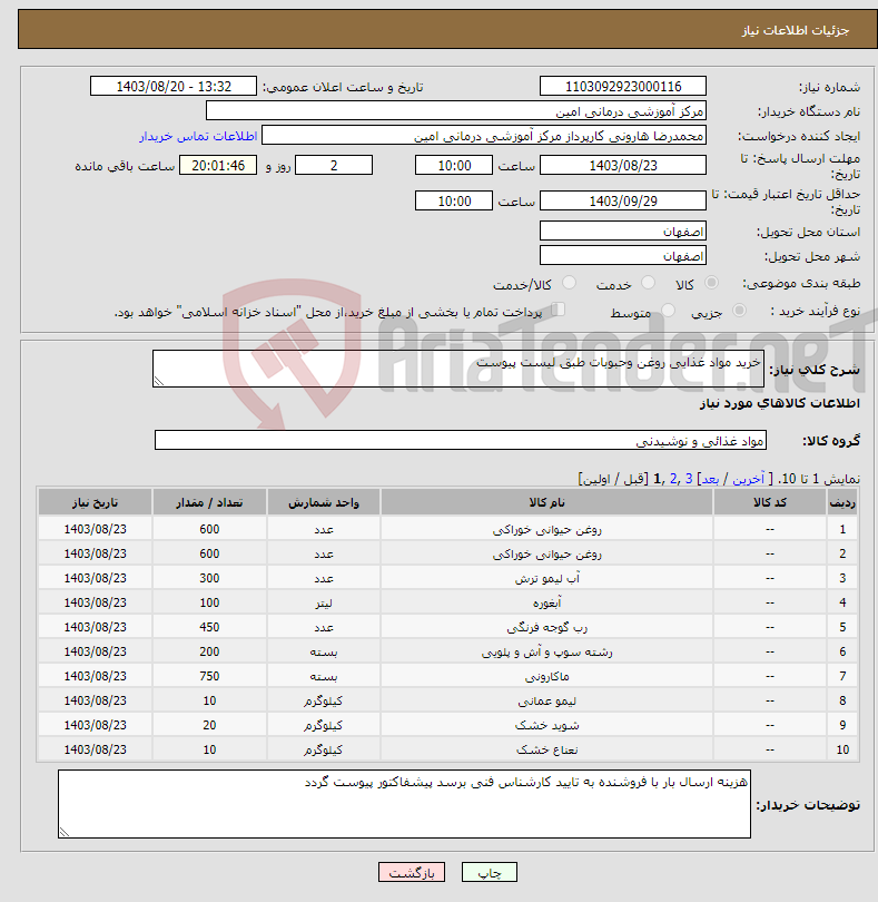 تصویر کوچک آگهی نیاز انتخاب تامین کننده-خرید مواد غذایی روغن وحبوبات طبق لیست پیوست 