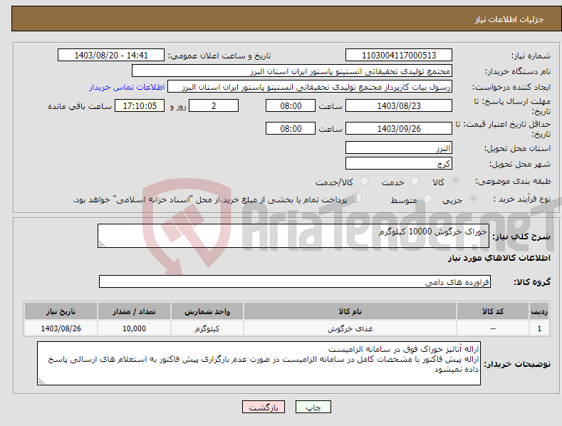 تصویر کوچک آگهی نیاز انتخاب تامین کننده-خوراک خرگوش 10000 کیلوگرم