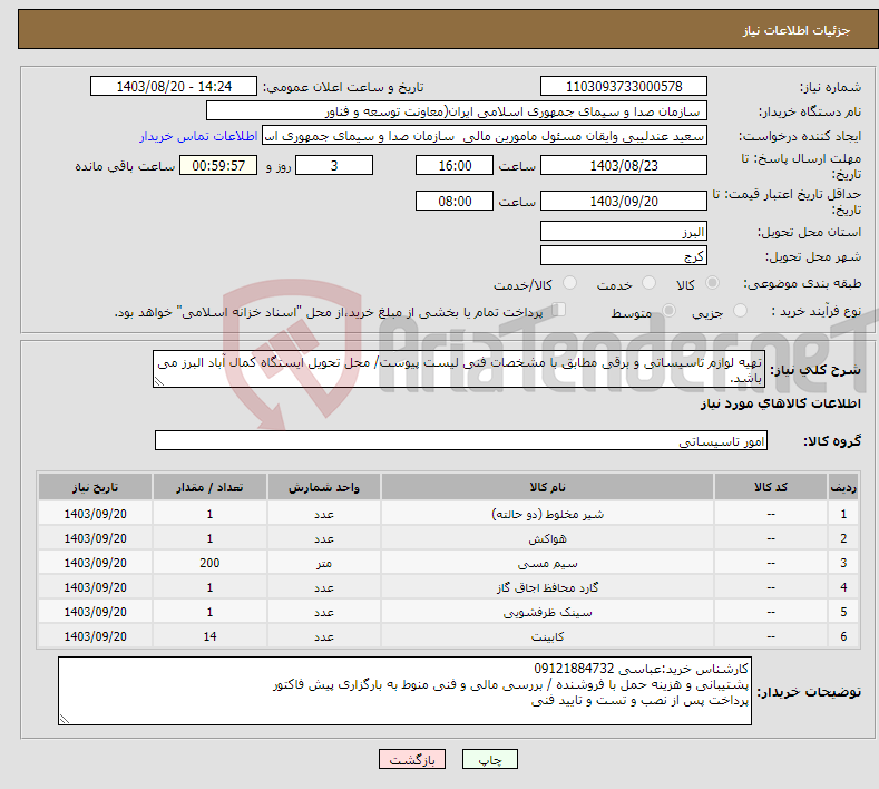 تصویر کوچک آگهی نیاز انتخاب تامین کننده-تهیه لوازم تاسیساتی و برقی مطابق با مشخصات فنی لیست پیوست/ محل تحویل ایستگاه کمال آباد البرز می باشد.