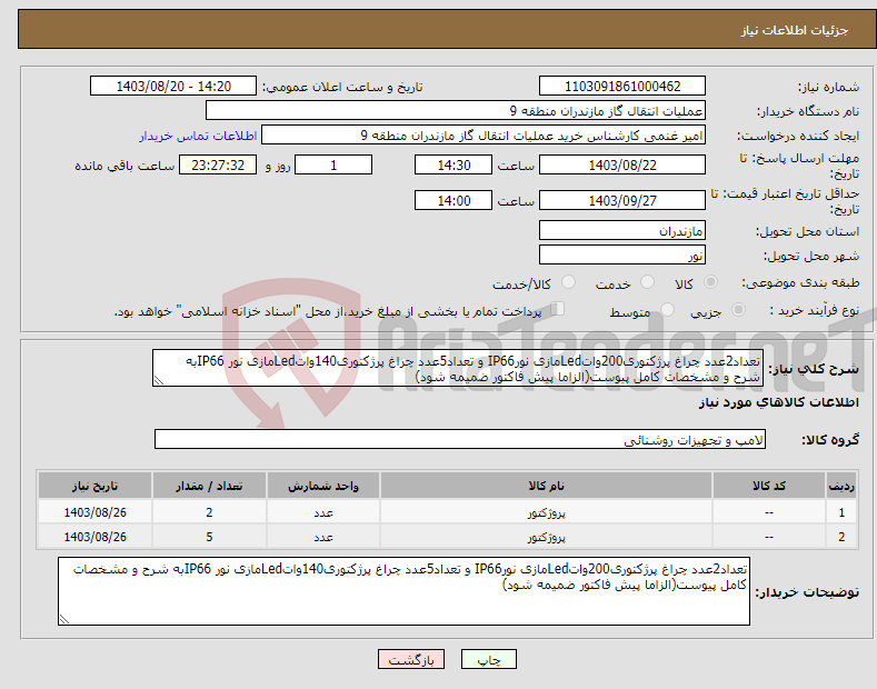 تصویر کوچک آگهی نیاز انتخاب تامین کننده-تعداد2عدد چراغ پرژکتوری200واتLedمازی نورIP66 و تعداد5عدد چراغ پرژکتوری140واتLedمازی نور IP66به شرح و مشخصات کامل پیوست(الزاما پیش فاکتور ضمیمه شود)