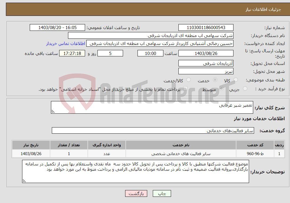 تصویر کوچک آگهی نیاز انتخاب تامین کننده-تعمیر شیر غرقابی 