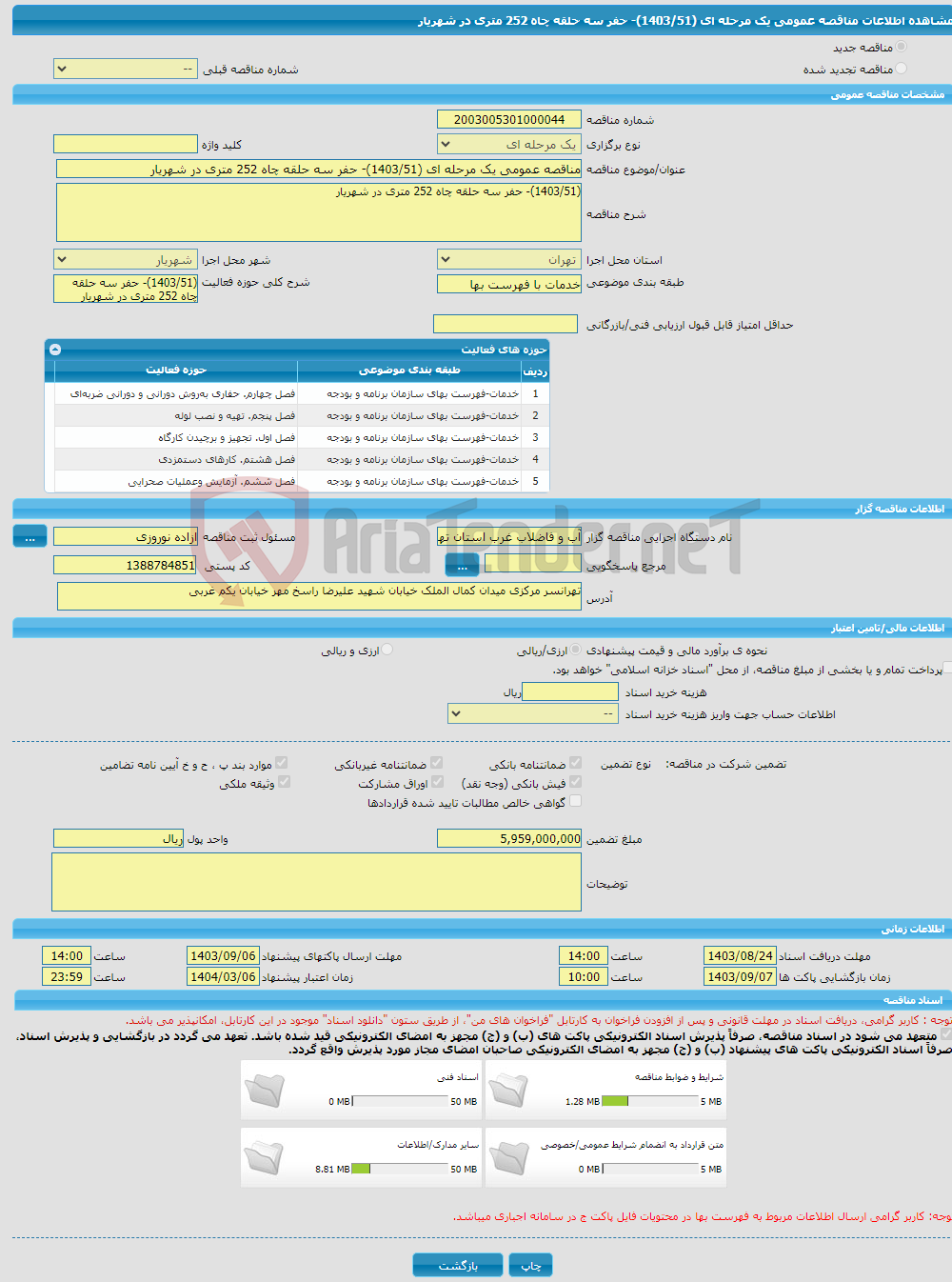 تصویر کوچک آگهی مناقصه عمومی یک مرحله ای (1403/51)- حفر سه حلقه چاه 252 متری در شهریار