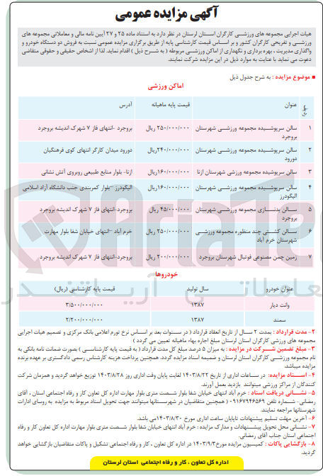 تصویر کوچک آگهی فروش دو دستگاه خودرو و واگذاری مدیریت بهره برداری و نگهداری از اماکن ورزشی مربوطه :
سالن سرپوشیده مجموعه ورزشی شهرستان بروجرد
سالن سرپوشیده مجموعه ورزشی شهرستان دورود
سالن سرپوشیده مجموعه ورزشی شهرستان ازنا
سالن سرپوشیده مجموعه ورزشی شهرستان الیگودرز 
سالن بدنسازی مجموعه ورزشی شهرستان بروجرد
سالن کشتی چند منظوره مجموعه ورزشی شهرستان خرم آباد
زمین چمن مصنوعی فوتبال شهرستان بروجرد
خودرو : وانت دیار مدل 1387 و سمند مدل 1387
