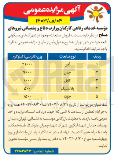 تصویر کوچک آگهی فروش ضایعات موجود در شهرک های مسکونی شامل ک
آهن ،چدن ،کابل ،پلاستیک ،چوب 