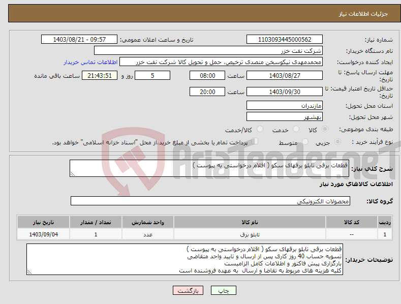 تصویر کوچک آگهی نیاز انتخاب تامین کننده-قطعات برقی تابلو برقهای سکو ( اقلام درخواستی به پیوست )