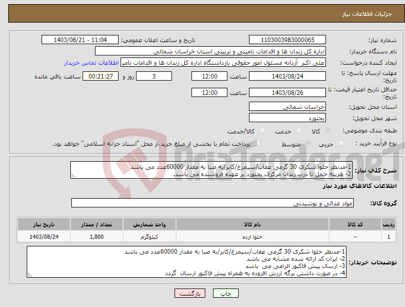 تصویر کوچک آگهی نیاز انتخاب تامین کننده-1-مدنظر حلوا شکری 30 گرمی عقاب/سیمرغ/کابر/به صبا به مقدار 60000عدد می باشد 2- هزینه حمل تا درب زندان مرکزی بجنورد بر عهده فروشنده می باشد.