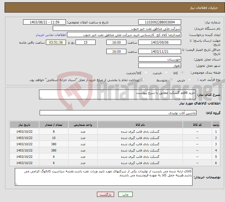 تصویر کوچک آگهی نیاز انتخاب تامین کننده-خرید 6قلم گسکت مطابق با شرح پیوست.