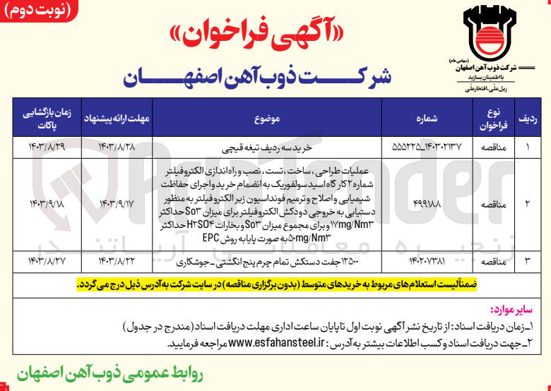 تصویر کوچک آگهی عملیات طراحی ،ساخت ،تست ،نصب و راه اندازی الکتروفیلتر شماره 2 کارگاه اسید سولفوریک به انضمام خرید و اجرای حفاظت شیمیایی و اصلاح و ترمیم فونداسیون زیر الکتروفیلتر به منظور دستیابی به خروجی دودکش الکتروفیلتر برای میزان so3 حداکثر 17mg/nm3 و برای مجموع میزان so3 و بخارات h2so4 حداکثر 50mg/nm3 به صورت پایه به روش epc