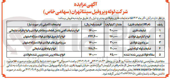 تصویر کوچک آگهی فروش اقلام ضایعات فلزی و فولادی زیر :
ضایعات فلزی 
انواع کناره ورق فولادی
سر و ته ورق فولادی
ضایعات لوله کوتاه ذوبی
سفاله فولادی پرس شده / نشده 
