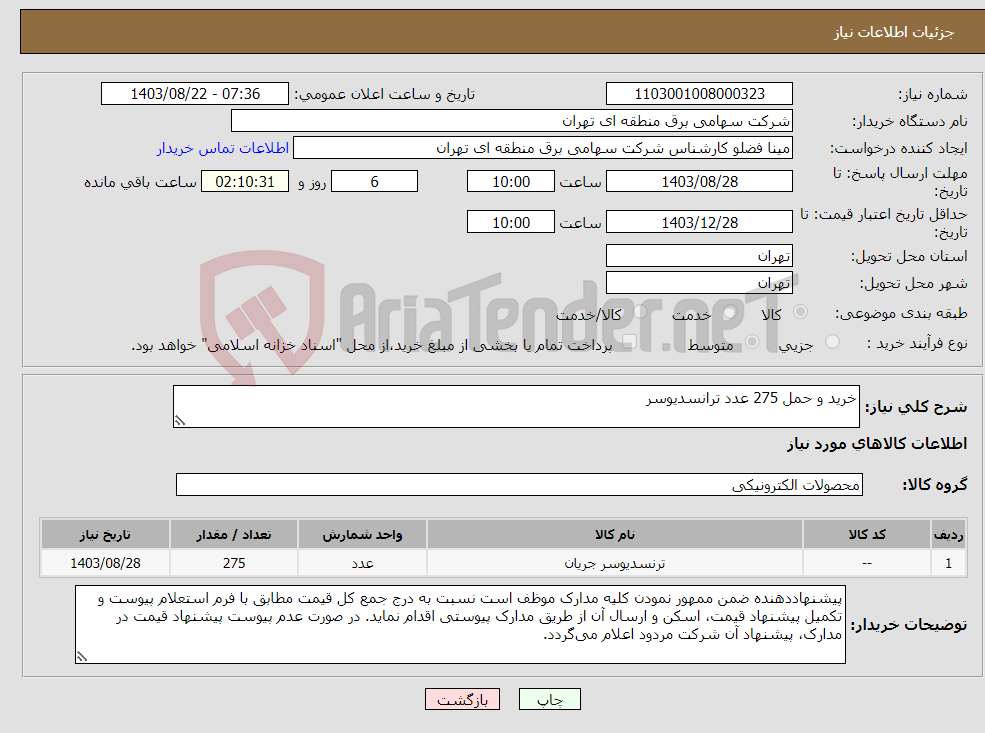 تصویر کوچک آگهی نیاز انتخاب تامین کننده-خرید و حمل 275 عدد ترانسدیوسر