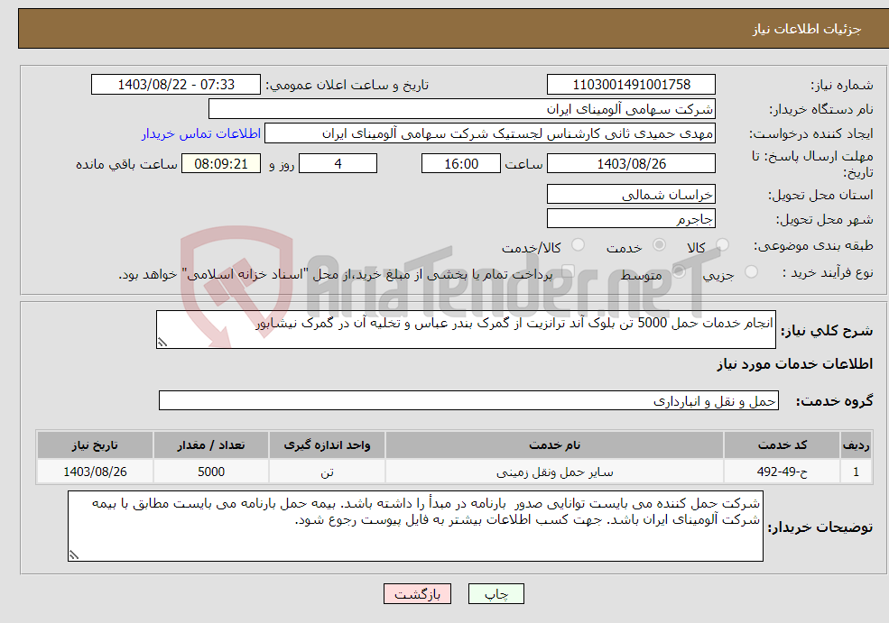 تصویر کوچک آگهی نیاز انتخاب تامین کننده-انجام خدمات حمل 5000 تن بلوک آند ترانزیت از گمرک بندر عباس و تخلیه آن در گمرک نیشابور 