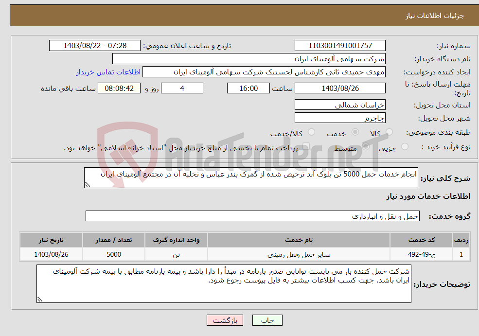 تصویر کوچک آگهی نیاز انتخاب تامین کننده-انجام خدمات حمل 5000 تن بلوک آند ترخیص شده از گمرک بندر عباس و تخلیه آن در مجتمع آلومینای ایران 
