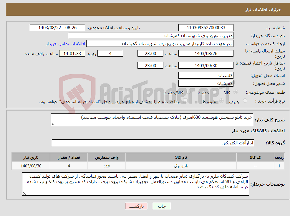 تصویر کوچک آگهی نیاز انتخاب تامین کننده-خرید تابلو سنجش هوشمند 630آمپری (ملاک پیشنهاد قیمت استعلام واحجام پیوست میباشد)