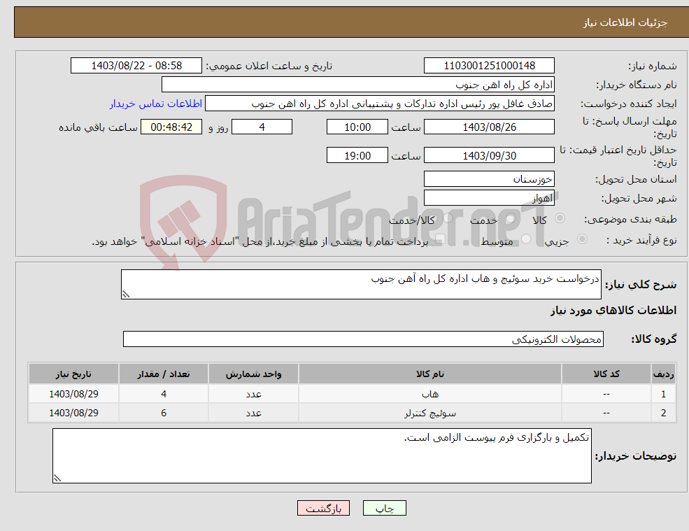 تصویر کوچک آگهی نیاز انتخاب تامین کننده-درخواست خرید سوئیچ و هاب اداره کل راه آهن جنوب