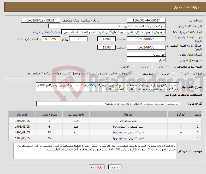تصویر کوچک آگهی نیاز انتخاب تامین کننده-1عددشیرقطع ووصل فلنج دار355م م-4عددشیرکشویی دوسرفلنج150م م-23عددشیرکشویی دوسرفلنج 100م م و 45عددشیرکشویی دوسرفلنج 80م م (همگی pn10) 